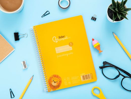 Cuaderno espiral liderpapel din A5 pautaguia tapa plastico 80h 90gr cuadro pautado 3 mm con margen color amarillo
