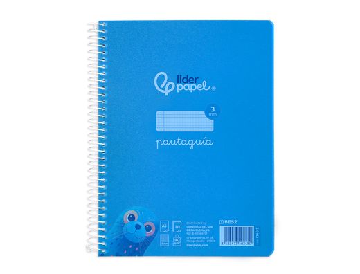 Cuaderno espiral liderpapel din A5 pautaguia tapa plastico 80h 90gr cuadro pautado 3 mm con margen color azul