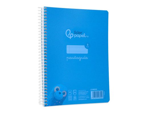 Cuaderno espiral liderpapel din A5 pautaguia tapa plastico 80h 90gr cuadro pautado 3 mm con margen color azul