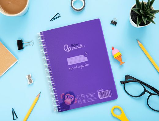 Cuaderno espiral liderpapel din A5 pautaguia tapa plastico 80h 90gr cuadro pautado 3 mm con margen color lila