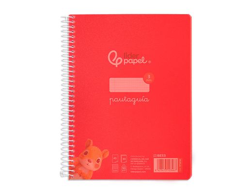 Cuaderno espiral liderpapel din A5 pautaguia tapa plastico 80h 90gr cuadro pautado 3 mm con margen color rojo
