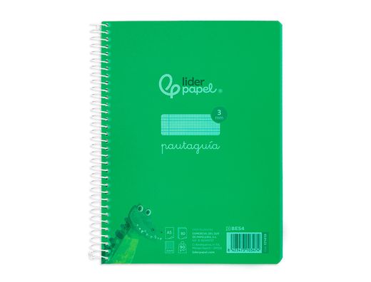 Cuaderno espiral liderpapel din A5 pautaguia tapa plastico 80h 90gr cuadro pautado 3 mm con margen color verde