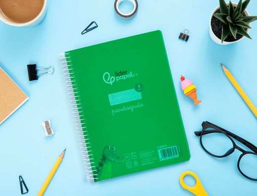 Cuaderno espiral liderpapel din A5 pautaguia tapa plastico 80h 90gr cuadro pautado 3 mm con margen color verde