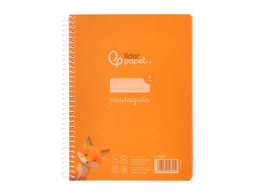 Cuaderno espiral liderpapel din A5 pautaguia tapa plastico 80h 90gr cuadro pautado 3mm color naranja