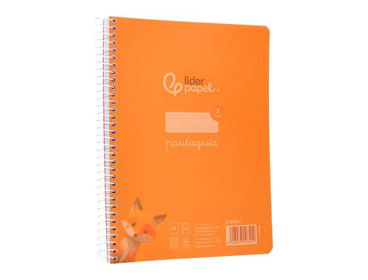 Cuaderno espiral liderpapel din A5 pautaguia tapa plastico 80h 90gr cuadro pautado 3mm color naranja