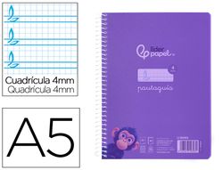 Cuaderno espiral liderpapel din A5 pautaguia tapa plastico 80h 90gr cuadro pautado 4 mm con margen color lila
