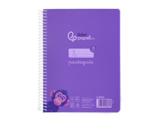 Cuaderno espiral liderpapel din A5 pautaguia tapa plastico 80h 90gr cuadro pautado 4 mm con margen color lila