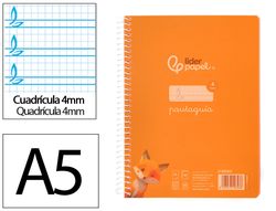 Cuaderno espiral liderpapel din A5 pautaguia tapa plastico 80h 90gr cuadro pautado 4mm color naranja