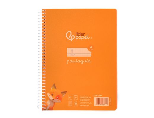 Cuaderno espiral liderpapel din A5 pautaguia tapa plastico 80h 90gr cuadro pautado 4mm color naranja