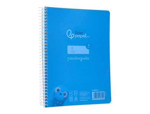 Cuaderno espiral liderpapel din A5 pautaguia tapa plastico 80h 90gr cuadro pautado 4mm con margen color azul