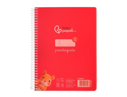 Cuaderno espiral liderpapel din A5 pautaguia tapa plastico 80h 90gr cuadro pautado 4mm con margen color rojo
