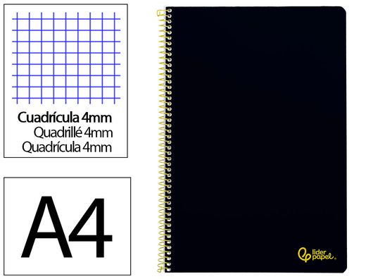 Cuaderno espiral liderpapel A4 smart tapa blanda 80h 75gr cuadro 4mm con margen color negro