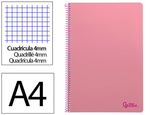 Cuaderno espiral liderpapel A4 smart tapa blanda 80h 75gr cuadro 4mm con margen color rosa