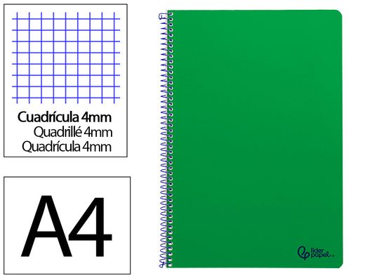 Cuaderno espiral liderpapel A4 smart tapa blanda 80h 75gr cuadro 4mm con margen color verde