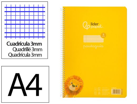 Cuaderno espiral liderpapel A4 pautaguia tapa plastico 80h 90gr cuadro pautado 3mm con margen color amarillo