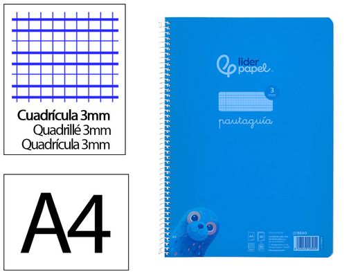 Cuaderno espiral liderpapel A4 pautaguia tapa plastico 80h 90gr cuadro pautado 3mm con margen color azul