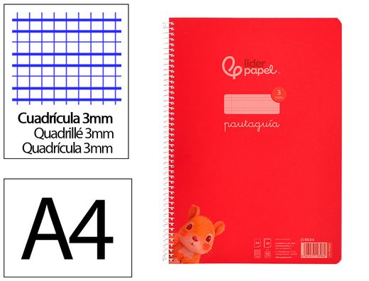 Cuaderno espiral liderpapel A4 pautaguia tapa plastico 80h 90gr cuadro pautado 3mm con margen color rojo