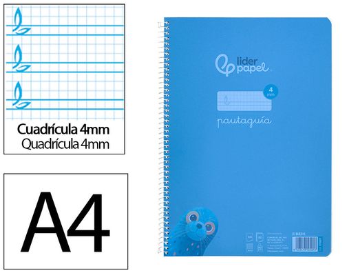 Cuaderno espiral liderpapel A4 pautaguia tapa plastico 80h 90gr cuadro pautado 4mm con margen color azul