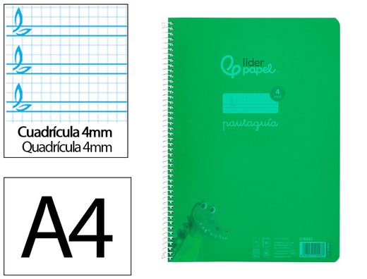 Cuaderno espiral liderpapel A4 pautaguia tapa plastico 80h 90gr cuadro pautado 4mm con margen color verde