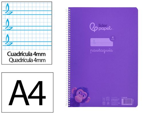 Cuaderno espiral liderpapel A4 pautaguia tapa plastico 80h 90gr cuadro pautado 4mm con margen color lila