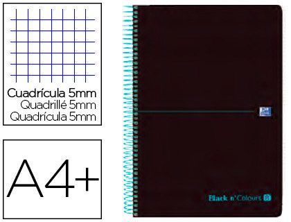 Cuaderno Espiral Oxford Ebook 8 Tapa Plastico Din A4+ 160 H Cuadricula 5 mm Black'N Colors Turquesa