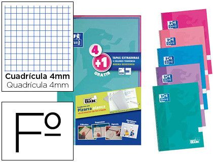Cuaderno espiral oxford tapa extradura folio 80 hojas cuadro 4 mm write & erase pizarra pack 4+1 unidades