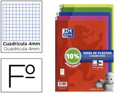Cuaderno espiral oxford tapa plastico folio 80 hojas cuadro 4 mm pack 5 unidades colores vivos