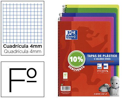 Cuaderno espiral oxford tapa plastico folio 80 hojas cuadro 4 mm pack 5 unidades colores vivos