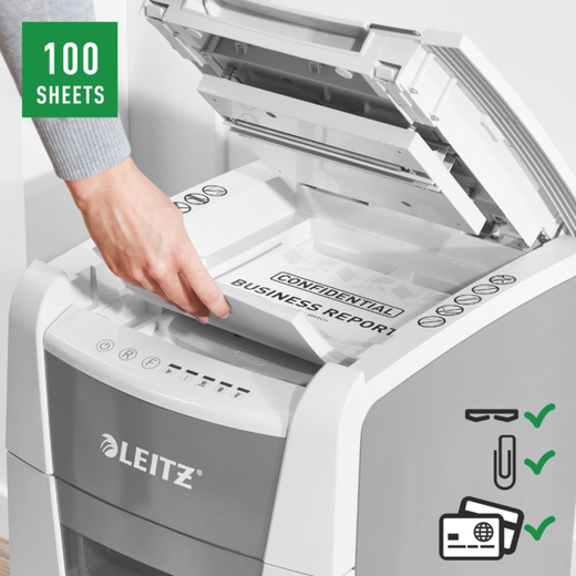 Destructora IQ Auto+ para pequeña oficina 100 P4, autoalimentación, blanca