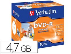 Dvd-r verbatim imprimible capacidad 4.7gb velocidad 16x 120 min pack de 10 unidades