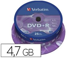 Dvd+r verbatim capacidad 4.7gb velocidad 16x 120 min tarrina de 25 unidades