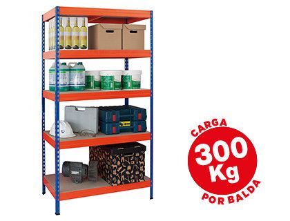 Estanteria Metalica Ar Storage 192X100X50Cm 5 Estantes 300Kg Por Estante Bandejas de Maderasin Tornillos Azul Naranja