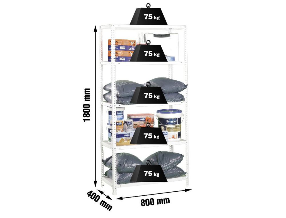 Estanteria metalica simonrack kits advantage mini 5/400 color blanco 5 estantes 75 kg por estante 180x80x40 cm