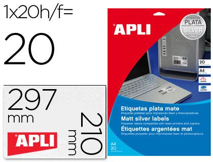 Etiqueta adhesiva apli 10071 metalizada tamaño 210x297 mm para fotocopiadora laser caja 20 hojas con 20