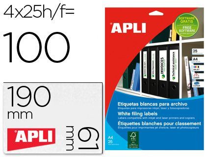 Etiqueta Adhesiva Apli 1233 Tamaño 190X61 mm para Fotocopiadora Laser Ink-Jet Caja 25 Hojas con 100
