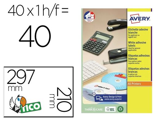 Etiqueta adhesiva avery blanca brillante laser 210x297 mm caja de 40 unidades