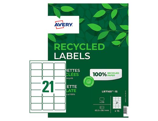 Etiqueta adhesiva avery blanca permanente reciclada 100% para impresora laser 63,5x38,1 mm caja de 315