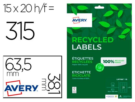 Etiqueta adhesiva avery blanca permanente reciclada 100% para impresora laser 63,5x38,1 mm caja de 315