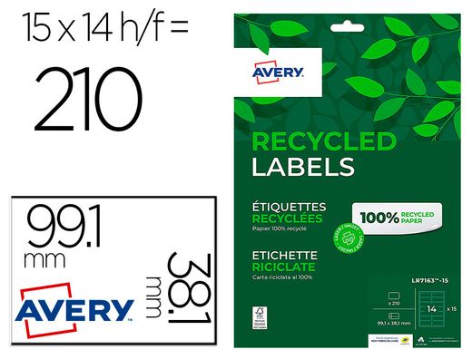 Etiqueta adhesiva avery blanca permanente reciclada 100% para impresora laser 99,1x38,1 mm caja de 210