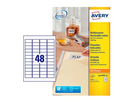 Etiqueta adhesiva avery blanca removible para impresora laser inkjet y fotocopiadora 45,7x21,2 mm