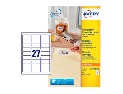 Etiqueta adhesiva avery blanca removible para impresora laser inkjet y fotocopiadora 63,5x29,6 mm
