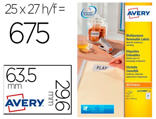 Etiqueta adhesiva avery blanca removible para impresora laser inkjet y fotocopiadora 63,5x29,6 mm