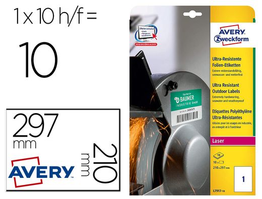 Etiqueta adhesiva avery politileno blanco permanente laser fotocopiadora 210x297 mm blister 10 unidades