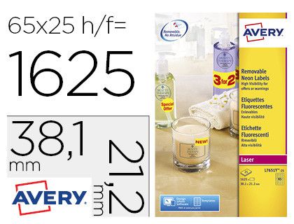 Etiqueta adhesiva avery tamaño 38,1x21,2 mm removible amarillo fluorescente caja de 1625 unidades