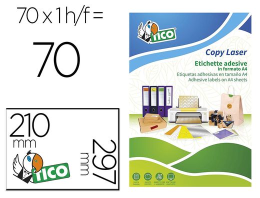 Etiqueta adhesiva tico amarill o fluorescentes permanente fsclaser/inkjet/fotocopia 210x297mm caja de 70 unidades