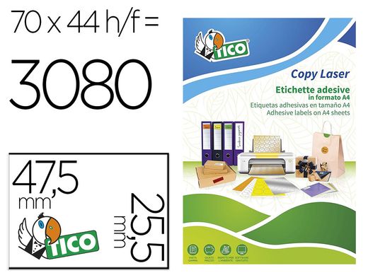 Etiqueta adhesiva tico amarill o fluorescentes permanente fsclaser/inkjet/fotocopia 47,5x25,5 mm caja de 3080 unidades