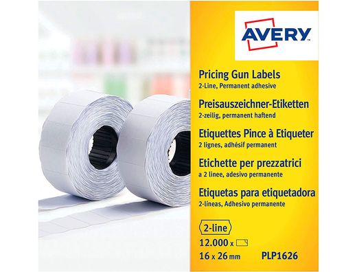 Etiqueta avery ondulada blanca permanente 26x16 mm para etiquetadora pl21/18 caja de 10 rollos de 1200 etiqietas