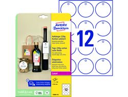 Etiqueta colgante avery blanca 60 mm diametro imprimible doble cara carton 220 gr pack de 120 unidades