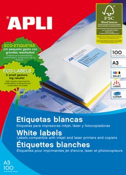 Etiquetas adhesivas APLI blancas A3 297 x 420 mm – Caja 100 hojas – Ref. 11352