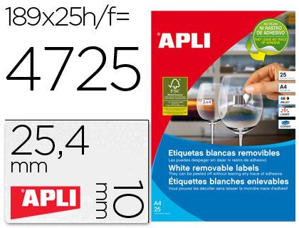 Etiquetas adhesivas Apli removibles tamaño 25,4x10 mm caja 25 hojas 10198
